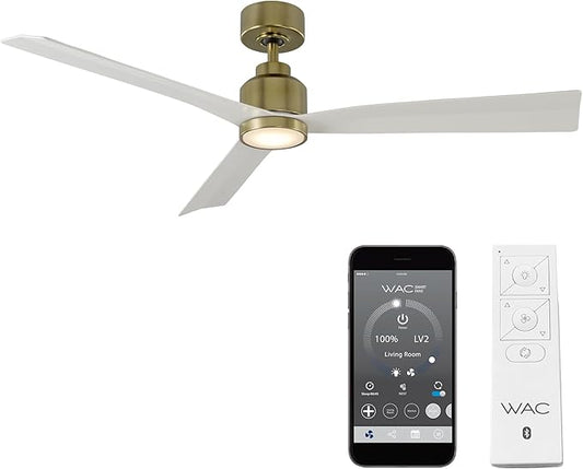 WAC Smart Fans Clean Indoor and Outdoor 3-Blade Smart Ceiling Fan 52in Satin Brass Matte White with 3000K LED Light Kit and Remote Control works with Alexa and iOS or Android App