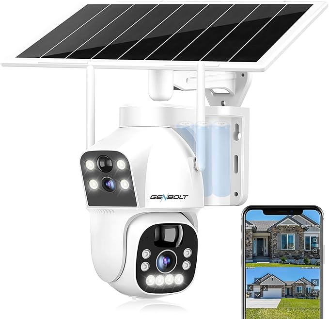 GENBOLT Solar WiFi Security Camera Outdoor Wireless, 8W 15600mAh Battery Powered Home Surveillance Cam CCTV with Dual View, Dual Lens Spotlight IP Cam with Color Night, PIR Detection