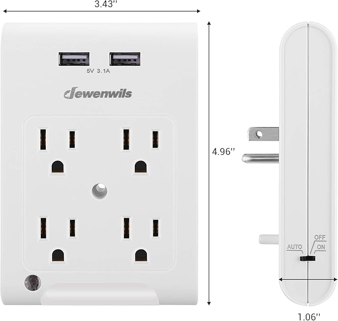 DEWENWILS 4-Outlet Extender, Wall Outlet Adapter with 2 USB Ports(3.1A Total), Light Sensor Night Light, 1080 Joules Surge Protector, ETL Listed, White