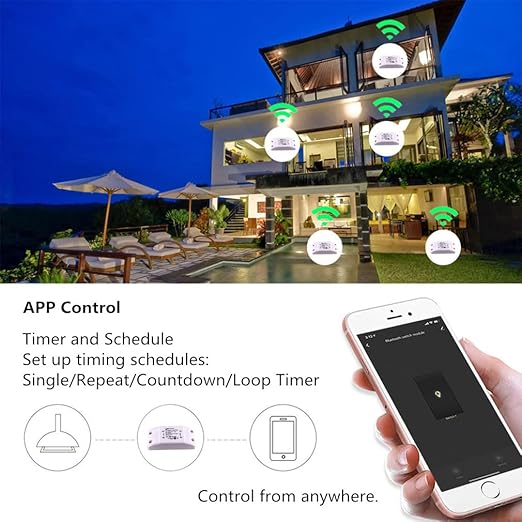 Smart WiFi Light Switch, RF Wireless Remote Control Switch Kit, APP and 433MHz, Compatible with Alexa, Google Home, Voice Control, Timer Function, No Hub Required, 1 Way, 10A