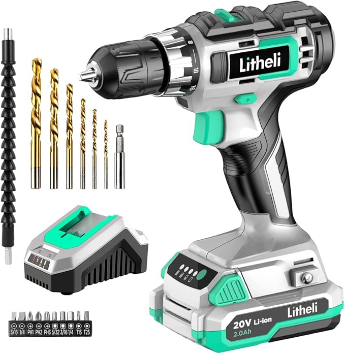 Litheli Cordless Drill Set, 20V Max Power Drill, 3/8” Keyless Chuck, 18+1 Torque Settings, Variable Speed, w/ 2.0 Ah Battery and 1 Hour Fast Charger Included