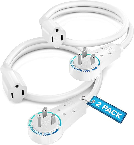 Maximm Extension Cord 1 Foot White (2 Pack) Flat Plug, 360° Rotating Short Power Cord Single Outlet, Indoor 16 Gauge 3 Prong Grounded Wire UL Certified