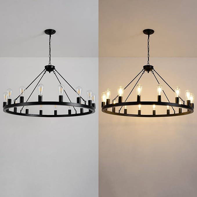 40" Black Wagon Wheel Chandelier,E26 16-Light Large Round Rustic Farmhouse Chandelier Industrial Pendant Light Fixtures for Dining Room Living Room Kitchen Island Entryway Foyer