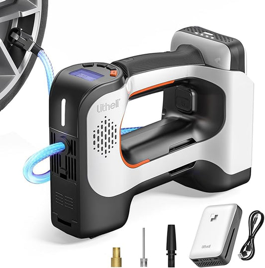 Litheli Cordless Air Compressor, 20V Portable Air Compressor, Cordless Tire Pump for Car, Bike, Sport Ball, Battery Tire Inflator, 3 Nozzle Adapters, 150 PSI, with 2.0 Ah U-Battery