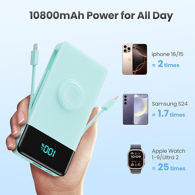 Portable Charger for iPhone with Built in Cables & Wall Plug,6-in-1 10800mah Power Bank With iWatch Charger,QC4.0+25W PD Fast Charging Battery Pack for iPhone 16/15/14/13,Android,Apple Watch (Green)