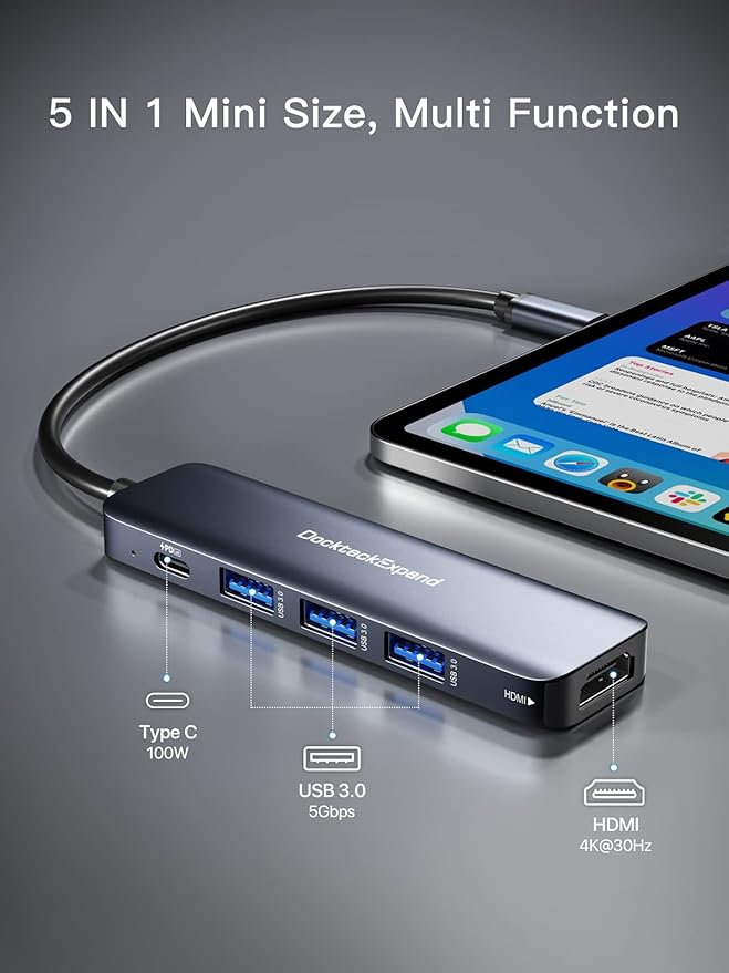 USB C HUB, DockteckExpand USB-C Multiport Adapter 5 in 1 with 4K HDMI, 100W Power Delivery, 3 USB 3.0 Data Ports for MacBook Pro/Air, iPad Pro/Air/Mini 6 and More