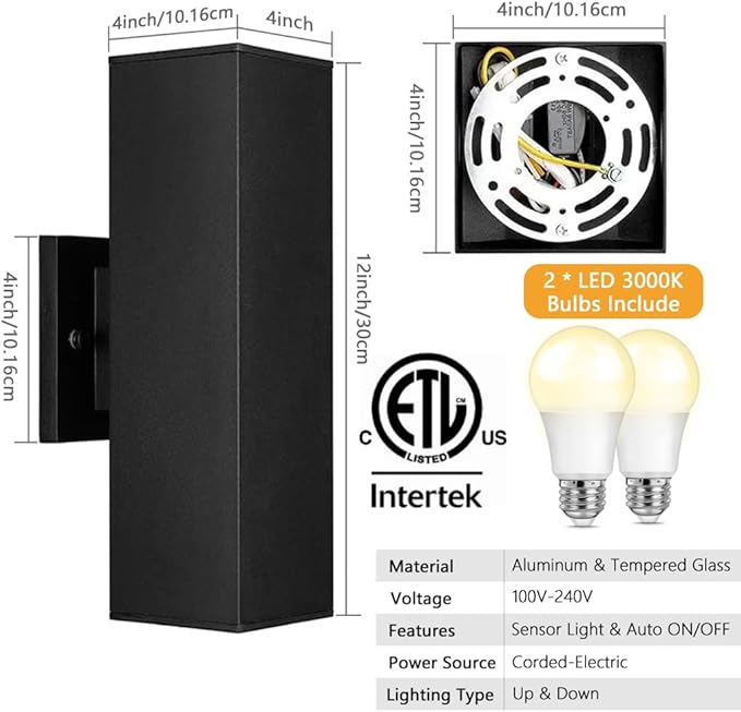 SHIMR Modern Outdoor Wall Lights Dusk to Dawn, Square Matte Black Outdoor Sconce with Bulbs Include Aluminum Anti-Rust Exterior Lighting Fixtures Up and Down Lights for House Porch Garage [ETL Listed]