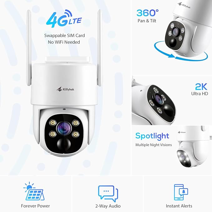 Kittyhok 4G LTE Cellular Solar Security Camera Wireless Outdoor, 2K No WiFi Security Camera, 360° Live View Pan/Tilt, Color Night Vision, 2 Way Talk, PIR Motion Sensor, Siren, Built-in SIM Card