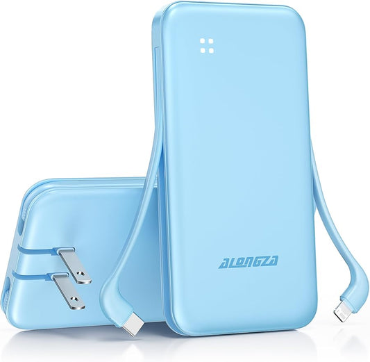 Alongza Portable Charger Built-in Cables and AC Wall Plug, Slim Fast Charging Power Bank 10000mAh, Lightweight USB C External Battery Pack Compact Travel Cell Phone Charger