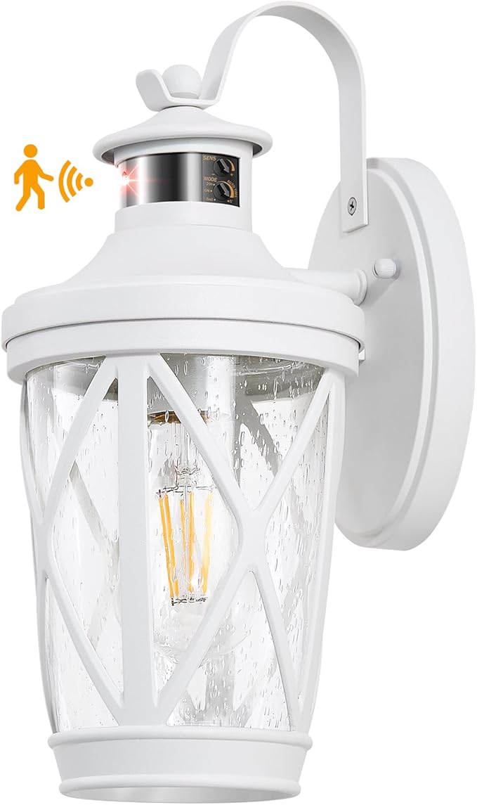 VIANIS Motion Sensor Outdoor Wall Light Fixtures, White Modern Front Porch Lights Wall Mount, Waterproof Anti-Rust Outdoor Lanterns Wall Sconce with Seeded Glass, Exterior Coach Light for Garage,Patio