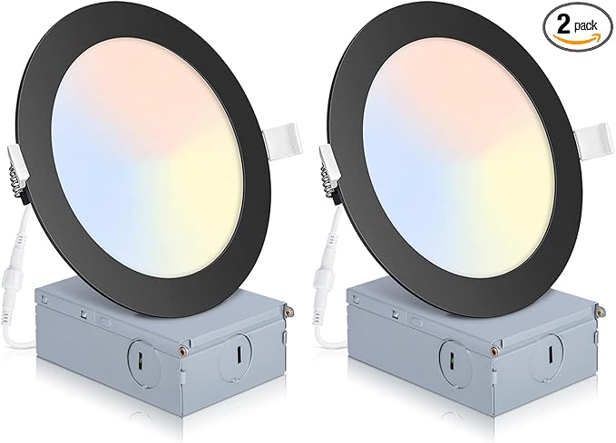 2 Pack Recessed Lighting 6 Inch with Junction Box, 5CCT 6 Inch Black LED Recessed Lights Dimmable 2700K/3000K/4000K/5000K/6000K, 15W1200lm Ultra Thin Recessed Lighting - ETL and Energy Star Certified