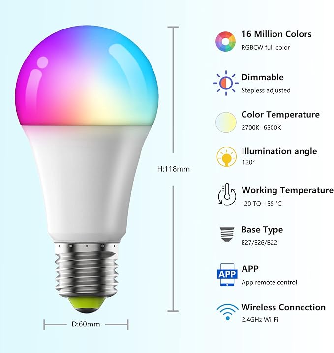 Smart Light Bulbs,Full Color Changing Dimmable LED Bulb,Compatible with Alexa and Google Assistant,UL FCC Certified,2.4GHz WiFi+Bluetooth LED Light Bulbs, Music Sync Smart Home Lighting (1)