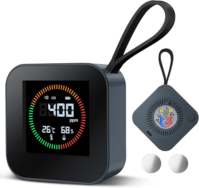 Portable Carbon Monoxide Detector for Travel & Home‌ | UL-Compliant ‌CO Detector‌ Temperature/Humidity Sensor, Rechargeable ‌Battery Powered CO Detector‌ for Camping, RV, Hotel (1, Gray)