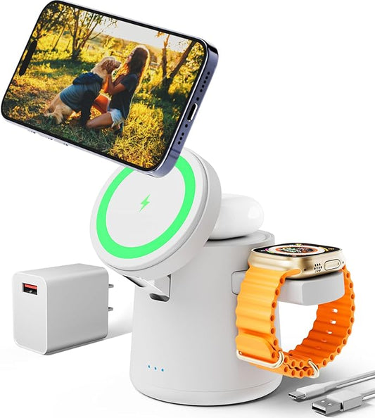 2025 Upgrade 3 in 1 Charging Station for Apple MagSafe Charger, Adjustable Portable Wireless Charging Stand, Fast Wireless Charger Dock for iPhone 16 15 14 13 12 Pro Max & Apple Watch AirPods (White)