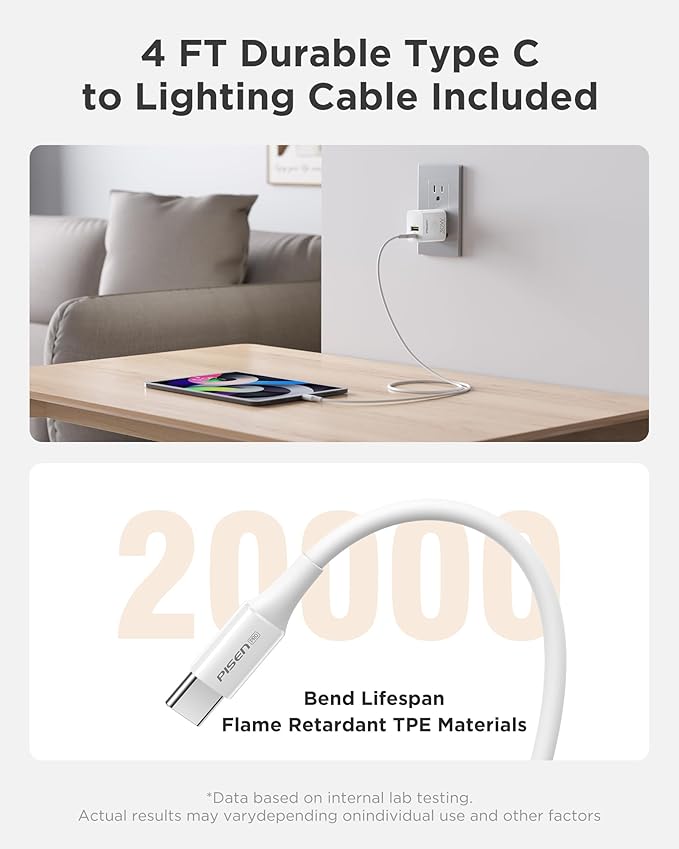 PISEN 30W USB C Charger - PD QC 3.0 Dual Port Charging Block, 30 Watt USB C Charger with 4 FT Type C to L Cable, 30W Fast Charger with Foldable Plug for iPhone 14 13 12 11 Pro Max XR XS X, iPad