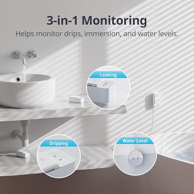 SwitchBot WiFi Water Leak Detector, Smart Water Sensor with 100dB Adjustable Alarm&App Alerts, IP67 Waterproof, Detector for Home with 3.28ft Sensing Cable, No Hub Required (Support 2.4G) (3, White)