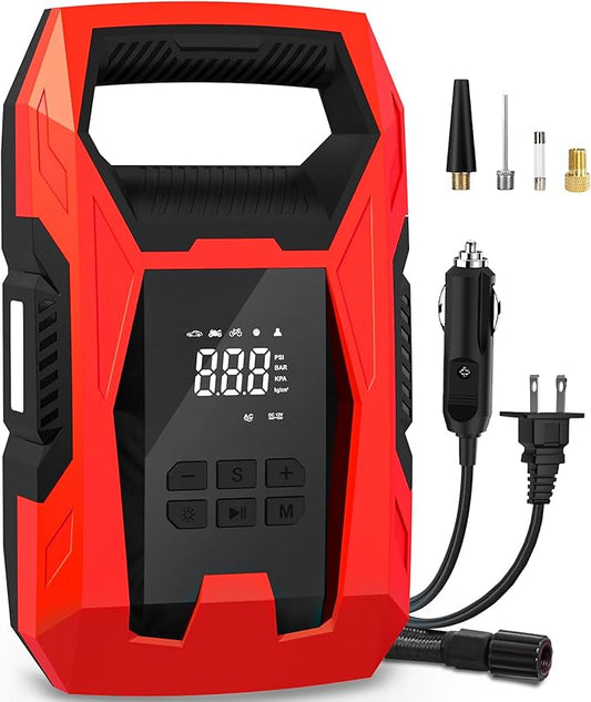CARSUN AC/DC Tire Inflator Portable Air Compressor, Dual Power for Home 110V AC and Car 12V DC Air Pump with Pressure Gauge, Auto Shutoff, Tire Pump for Car Motorcycle Bike and Other Inflatables, Red