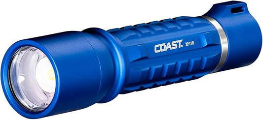 Coast XP11R 2600 Lumen USB-C Rechargeable LED Flashlight with Slide Focus® and Pure Beam® Focusing Optic, 4 Light Modes, Blue