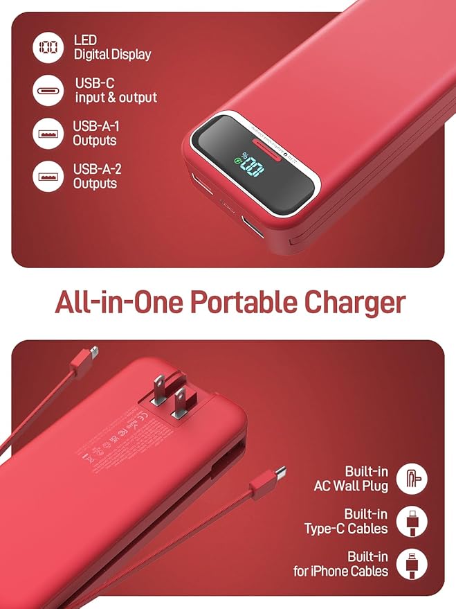 Portable Charger Power Bank with Built in Cables and AC Wall Plug,PD20W&SCP22.5W USB-C Super Fast Charging,20000mAh Travel Phone Charging,LED Display Battery Pack Compatible All iPhone Samsung etc