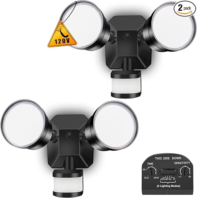 EMANER Security Lights Motion Outdoor, 280W Equiv. Dusk to Dawn LED Flood Light, Keep On or Motion Triggered 4-Mode, Daylight White Corded Wall Light for Porch Driveway Barn (2-Pack)