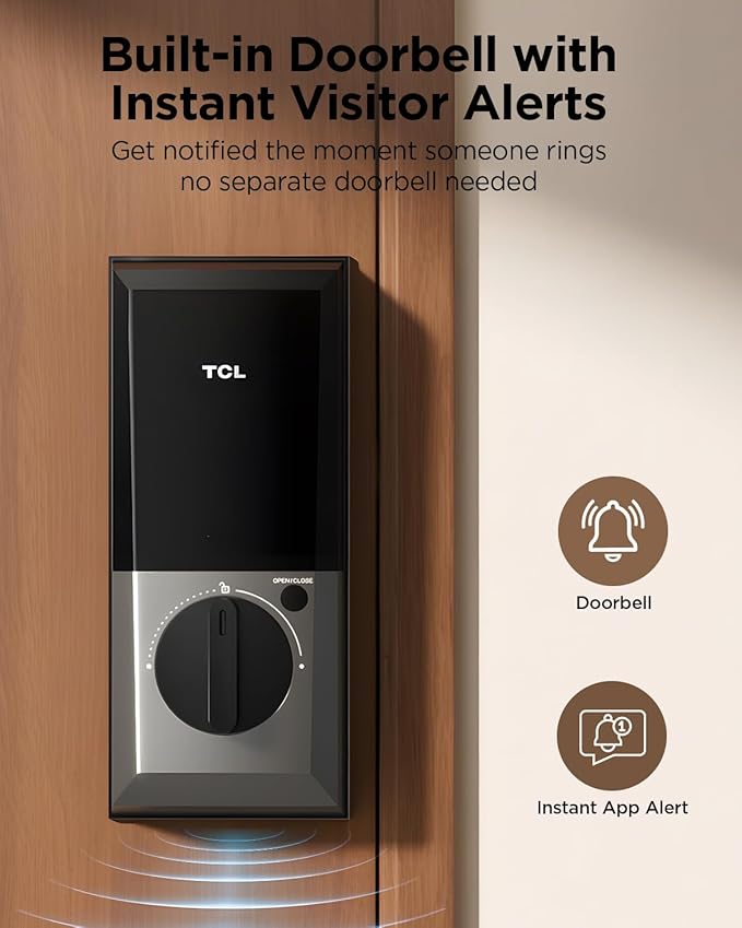 TCL D2 Plus Smart Lock, Fingerprint Door Lock, Built-in Doorbell & Wi-Fi, No Hub Needed, Keyless Entry Electronic Deadbolt for Front Door, Compatiable with Alexa&Google Assistant, Auto Lock