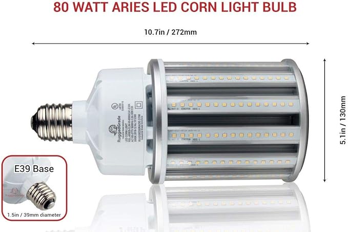 RuggedGrade Aries Series 80W E39 LED Corn Bulb | 10,400 Lumens | 3000K | 6KV Surge Protection | Fanless Design | DLC 5.1 Premium