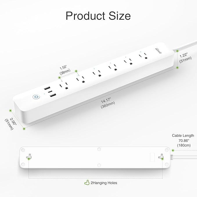 GHome Smart Plug Power Strip, 3 USB (30W Fast Charging) and 6 Individually Controlled Outlets, WiFi Surge Protector Works with Alexa & Google Home, Energy Monitor, 7.18 ft Mountable Flat Plug, 2A1C