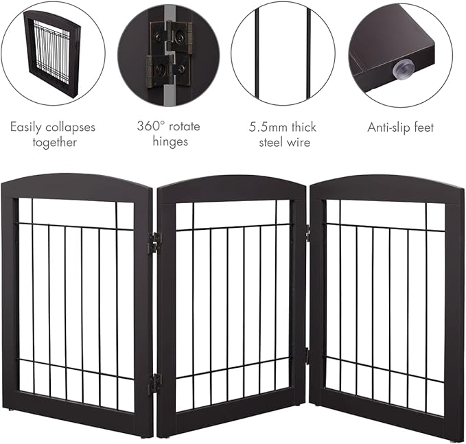 PAWLAND Free Standing Dog Gates for The House Stairs Doorways Indoor Foldable Wooden Small White Puppy Pet Gate Step Over Fence 60" W 24" H 3 Panels Espresso