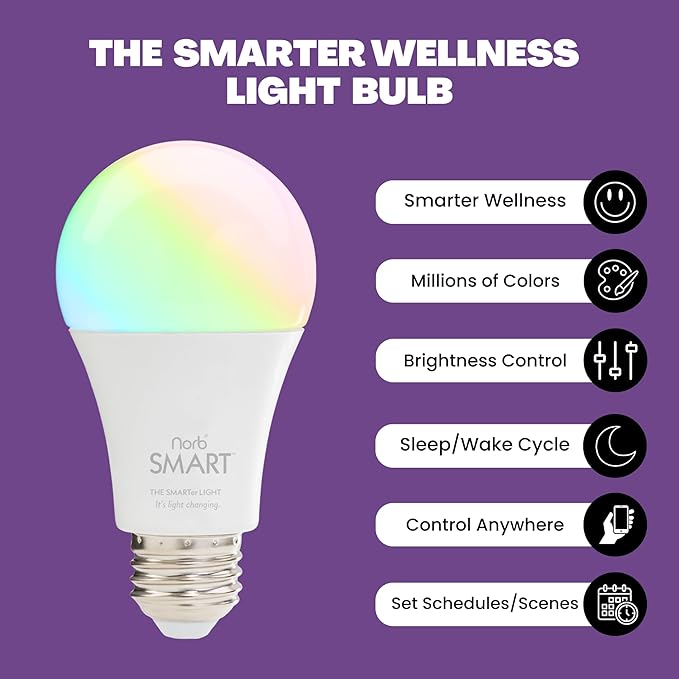 Norb Smart Light Bulb, Tunable Wellness Full Spectrum White & Color Changing, Alexa & Google Home Compatible, No Hub Required, Dimmable, A19, 9W LED Bulb for Home Automation, WiFi, Bluetooth (1-Pack)