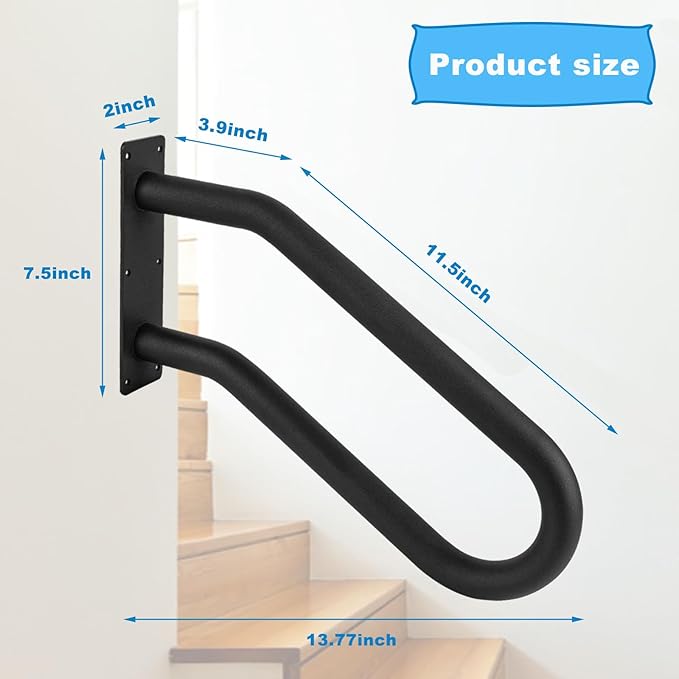 2 Pack Handrail for Outdoor Steps for 1-2 Step Stairs Wall Mount handrails U Shaped Handrail, Stair Rail with Black Powder Coat Finished, Suitable for Garden，Yard and Garage