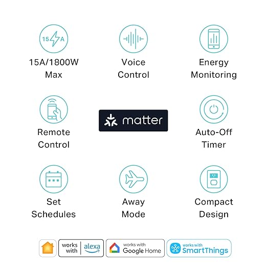 Kasa Smart Plug, Matter Compatible, Energy Monitoring, Compact Design, 15A/1800W Max, Super Easy Setup, Works with Apple Home, Alexa & Google Home, UL Certified, 2.4G Wi-Fi Only, White, KP125M(2-Pack)