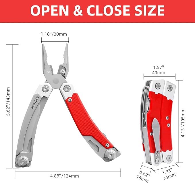 HANSHI G10 Handle Multitool Pliers with YG10 Tungsten Steel Replaceable Wire Cutters 12 in 1 Multi Tool Pocket Knife with Safety Lock,Saw,Bottel Opener for Camping,Survival with Nylon Sheath (red)