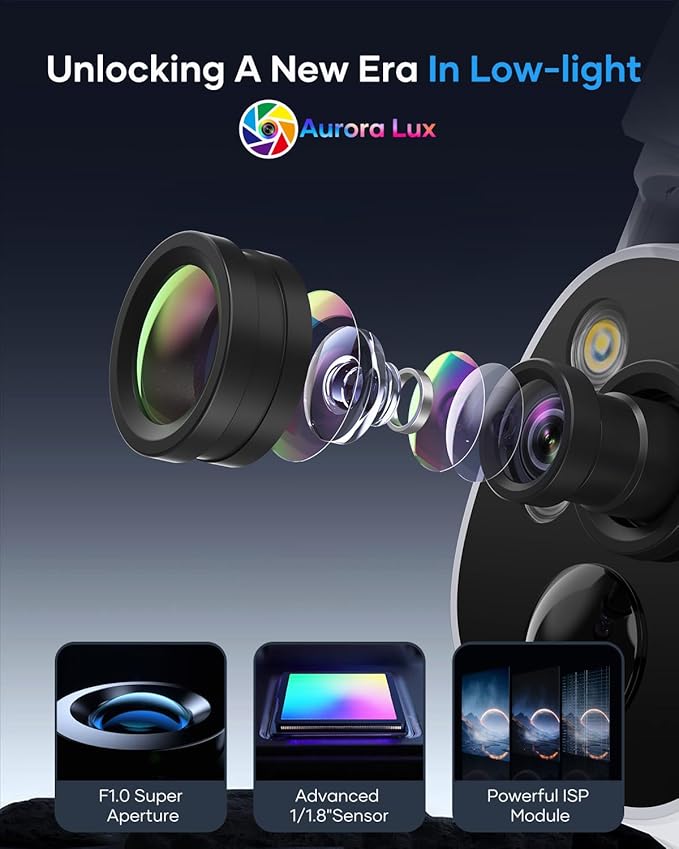 Wireless Security Camera System Outdoor, Aurora Lux Color Night Vison 4 Cam-Kit Solar Powered Security Cameras Wireless Outdoor-1TB 360° View 2.4/5Ghz WiFi No Monthly Fee