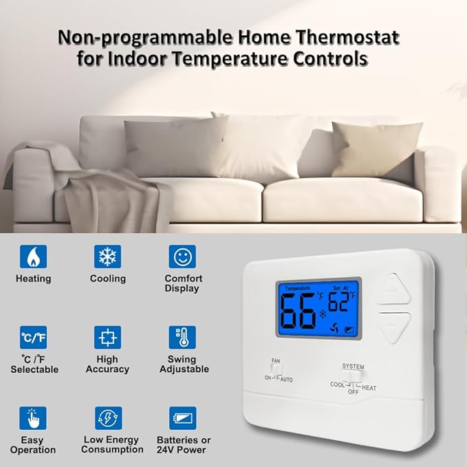 NonProgrammable Thermostat for Home, Digital Energy-Saving Thermostat,Single-Stage Systems, 1 Heat/1 Cool, Easy DIY Install, Blue Backlight