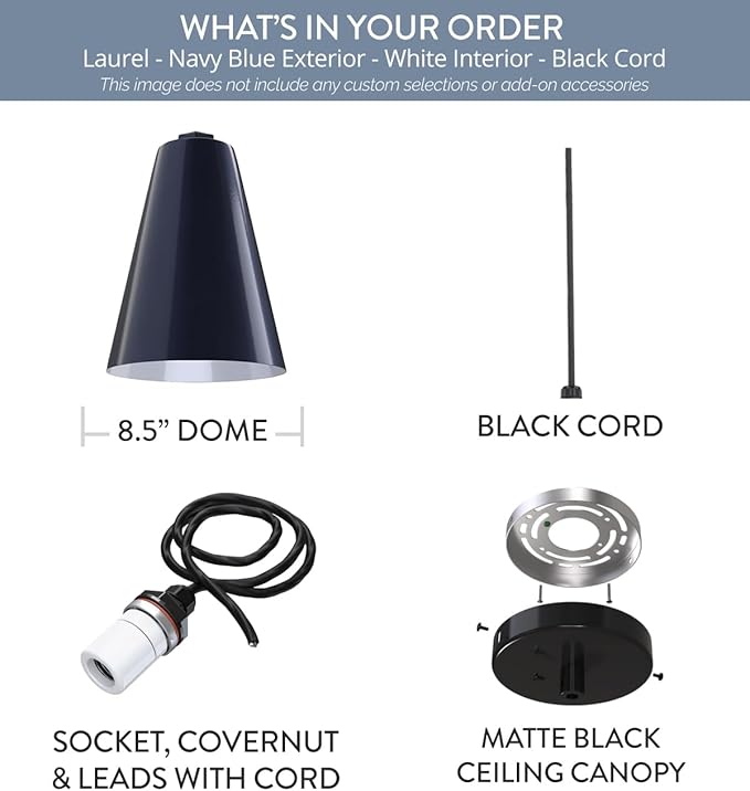 Steel Lighting Co. Laurel Pendant Light | Ceiling Mounted | 8.5 inch Cone Shade | Modern Contemporary Farmhouse Style Made in America | Black Cord | Navy Blue Exterior/White Interior