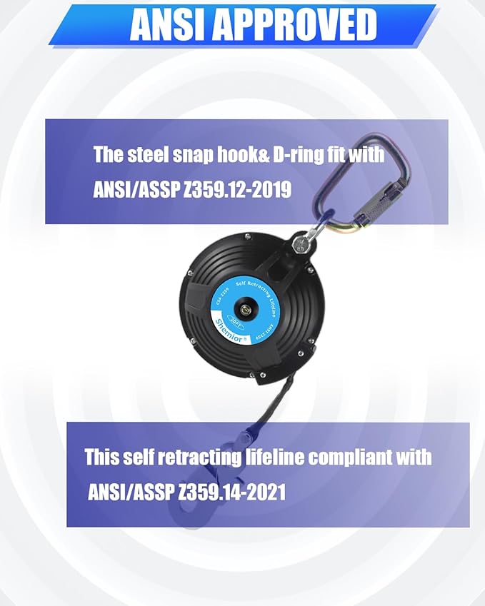 20FT Shemior Web Self Retracting Lifeline, No Tangle Lightweight Housing SRL, Self Retractable Safety Lanyard, Fall Arrest Protection PPE Gear for Roofing Construction, OSHA/ANSI Compliant