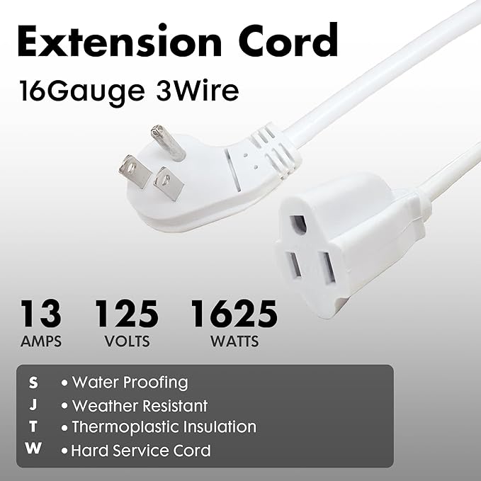 Indoor Flat Plug White Extension Cord 6ft, UL Listed, 16/3 SJTW 3 Prong Heavy Duty, 16 Gauge 13A Power Cord for Lights, Appliance, Home, Office