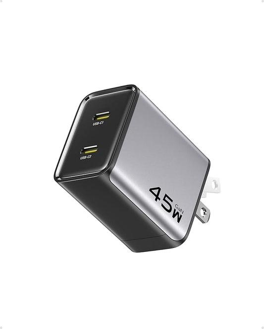 PISEN 45W USB C Charger - GaN Dual USB-C Wall Charger Block Fast Charging, Mini Foldable PD PPS for iPhone16/15/14 Pro, Pro Max, Mini, iPad Pro Series, Samsung Galaxy S23 Ultra, MacBook Etc