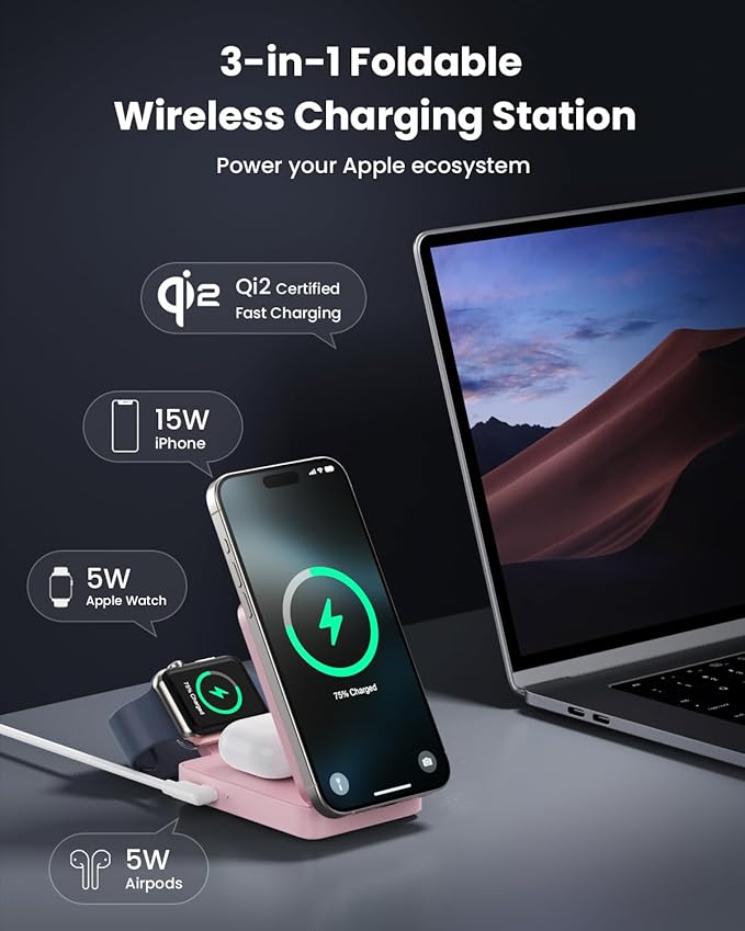 3-in-1 Wireless Charger Charging Station for iPhone, Qi2 Certified 15W Fast Charging Foldable Magnetic Charger Stand with 30W USB C Adapter for MagSafe iPhone 16/15/14/13/12, Apple Watch, AirPods