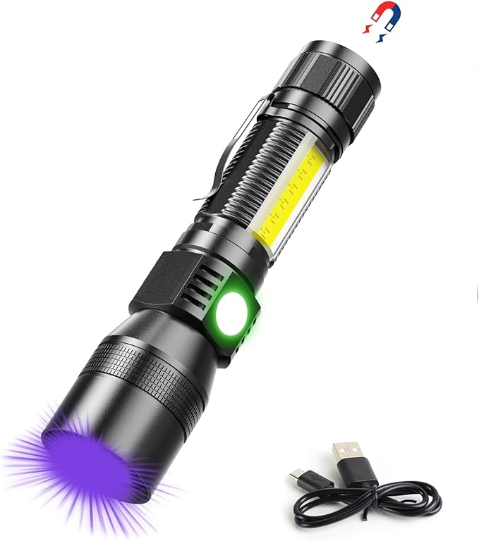 UV Flashlight Blacklight, USB Rechargeable Flashlights Magnetic Flashlight with ‎SideLight, Black Light, COB Work Light, Zoomable, Waterproof Worklight, Pet Urine,1 Pack