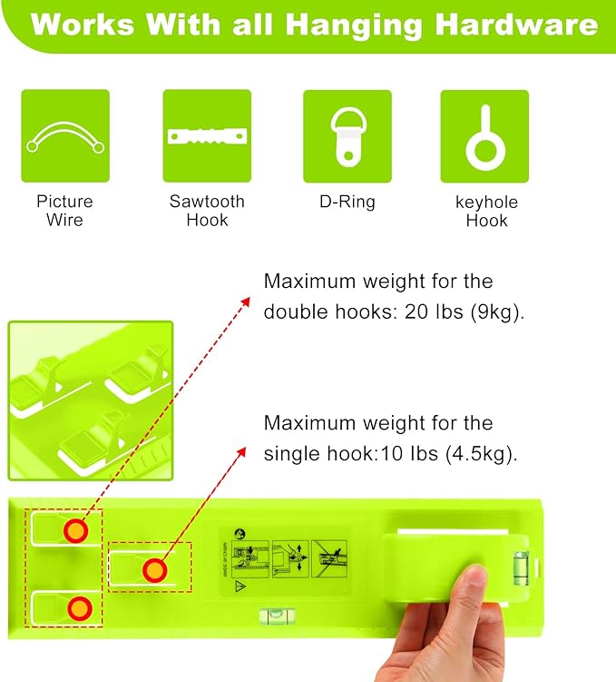 Picture Hanging Kit, Goodsnova Picture Hanging Tool with Level for Easy Marking Position, Including 218PCS Instaframe Hanging Kit with Hooks, Nails, Wires, Hammer for Art/ Photos (Green)