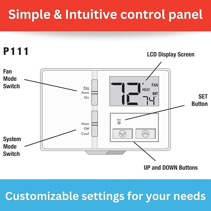 Lux Pro Non Programmable Thermostat for Home; Backlight Digital Energy Saving Thermostat; Multi Stage Heating, AC Systems; Easy DIY, P111, 1 Unit, Batteries Included