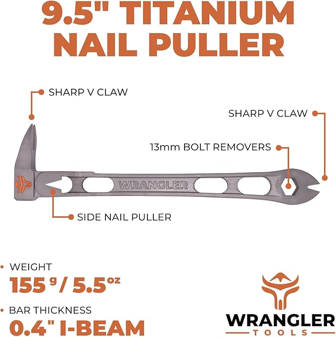 9.5" Titanium Nail Puller Cats Paw Pry Bar - 45% Lighter Than Steel - Side Nail Puller - 13mm Bolt Remover - Tools for Home Improvement, Construction & Demolition