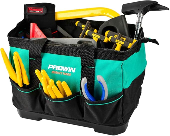 Prowin 14-inch Tool Bag, Multi-pocket Tool Organizer with Plastic Waterproof Bottom, Wide Mouth Tool Tote Bag with Inside Pockets for Construction, Carpentry, Gardening, Electrician, DIY