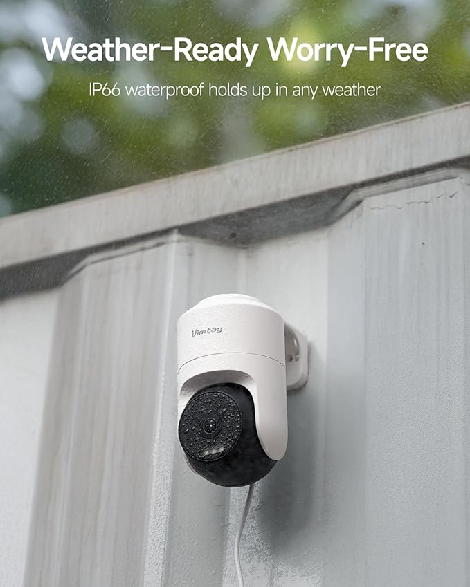 VIMTAG 2.5K Cameras for Home Security, Plug-in Power Security Camera Outdoor/Indoor, 2.4G/5G Wi-Fi, 360° View, Motion Tracking, Free AI Detection & Siren, Color Night Vision, IP66, SD/Cloud Storage