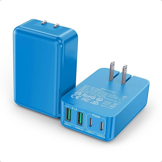 2Pack Flat USB C Charger Block, 40W 4-Port Fast Charger 20W Type C Charging Block 3.1A USB Wall Charger Dual Port PD+QC Charging Cube for iPhone 16 15 14 13 12 Pro Max XS, iPad,Samsung,（Light Blue ）