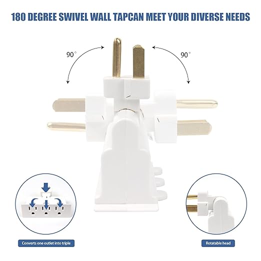 EXTRASTAR 3 Outlet Swivel Wall Adapter, 3 Prong Multiple Plug Outlet, ETL Listed Wall Tab, Electrical Outlet Extender with Grounded 180 Degree for Home Office Dorm - White (6 Pack)