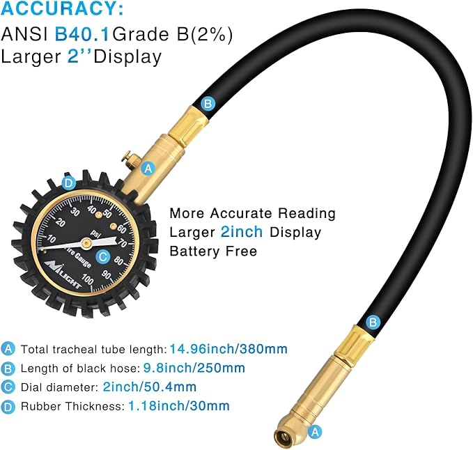 Nilight Tire Pressure Gauge 100PSI Heavy Duty Large 2" Glow Dial ANSI B40.1 Certified Air Chucks Accurate Reading with Extended Hose for Truck Semi Truck ATV Motorhome Cars & RV Accessories