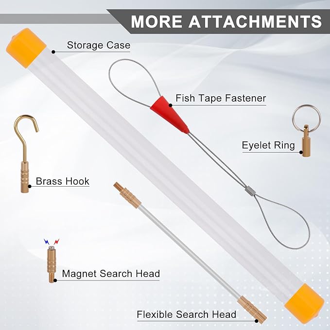 22FT Fiberglass Running Electrical Wire Cable Pulling Fish Tape kit in a Carrying Case Through Wall Cable Snake Rods Electrical Tools Kit with Different Attachments