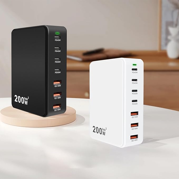 USB C Charger Block 200W 7 Port Fast Charging Station, PD 45W Laptop Charger Brick Adapter Compatible with MacBook Pro/Air,DELL,Steam Deck,iPhone 16/15/14,Galaxy S23/22 (White)